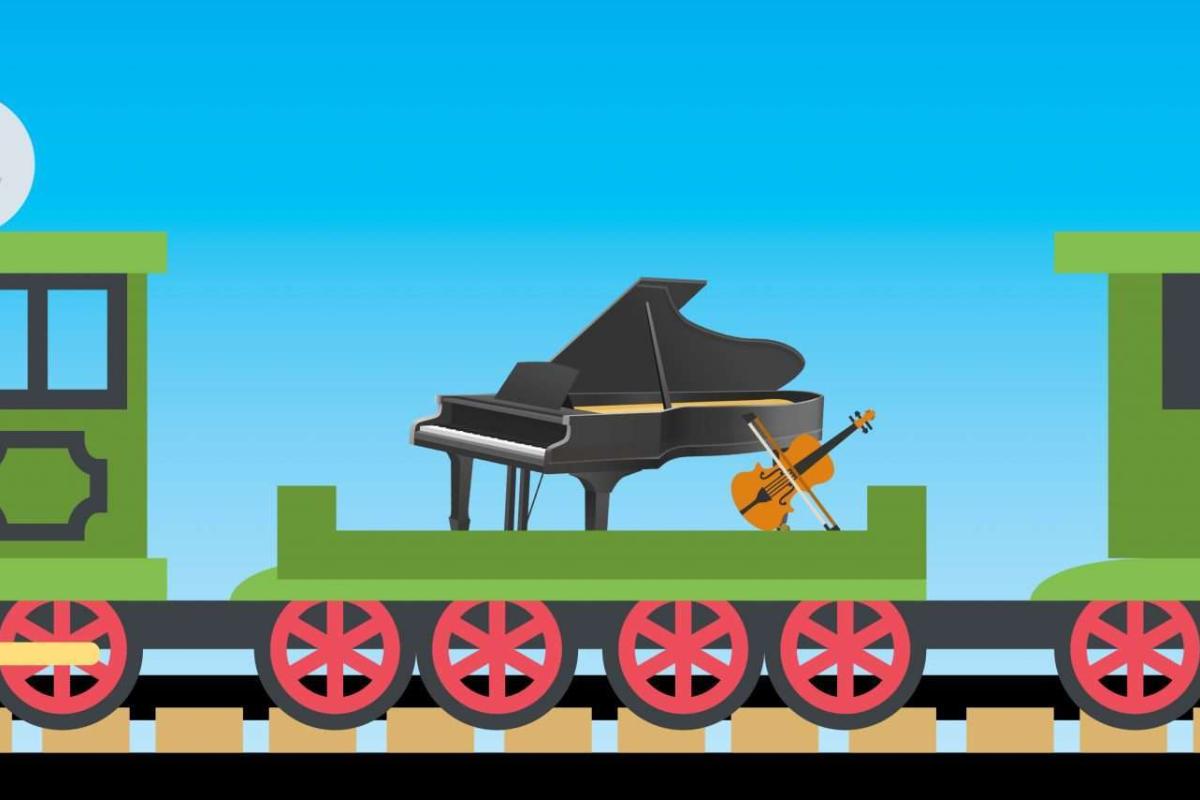 Illustration of a green train carrying a piano