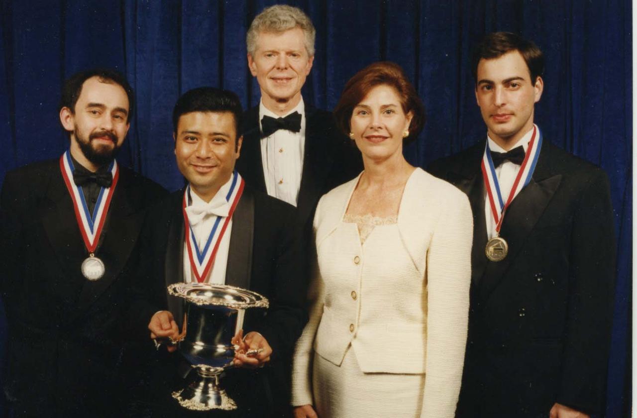 Van Cliburn with the 1997 Cliburn Medalists and future First Lady Laura Bush