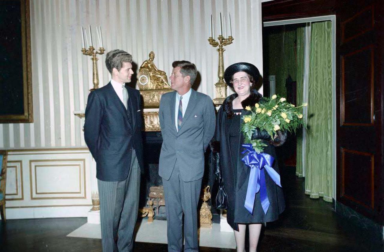 Van Cliburn, John F. Kennedy, and Rildia Bee O'Bryan Cliburn in the Blue Room of the White House, May 2, 1963