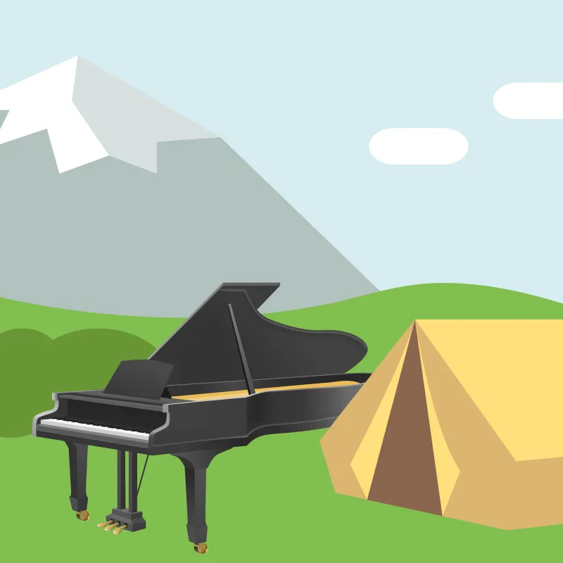 Illustration of a piano outside with a tent and mountain