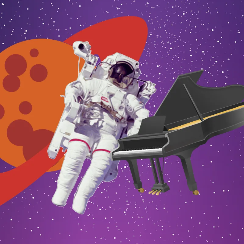 Illustration of an astronaut, Saturn, and piano floating in space
