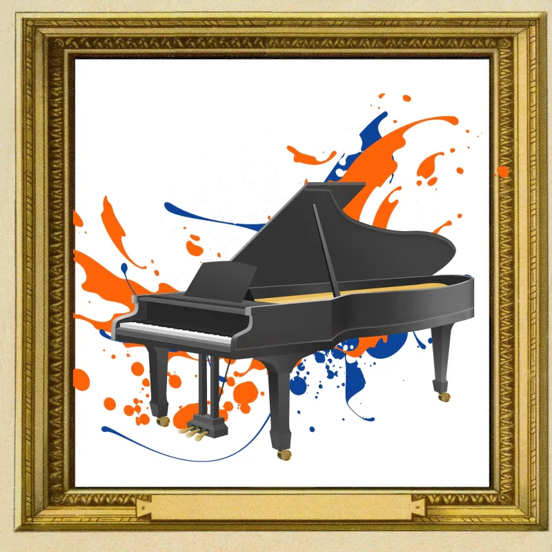 Illustration of a piano and paint within a gold frame
