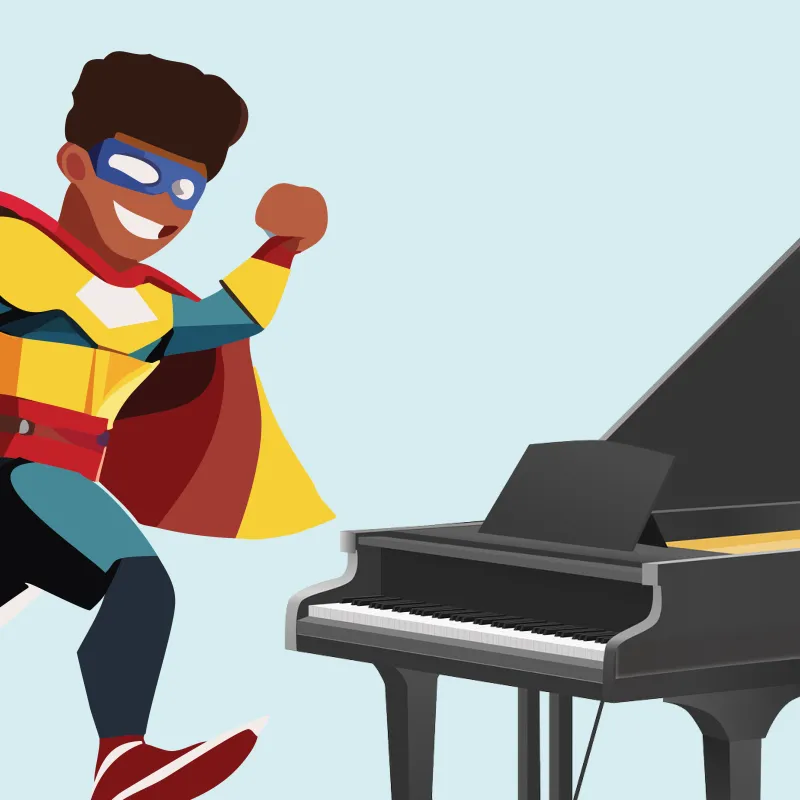 Illustration of a hero wearing a cape next to a piano