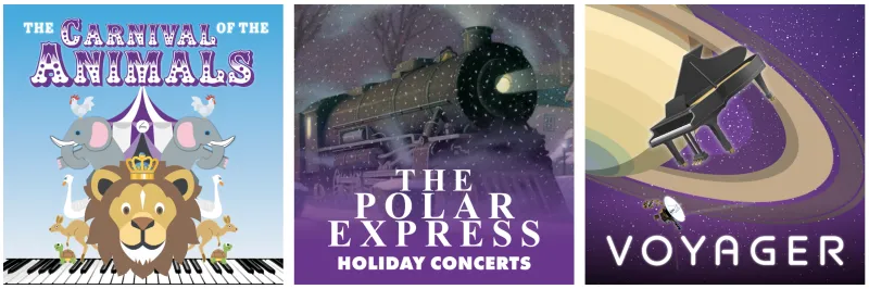 Collage of posters for Carnival Animals, The Polar Express, and Voyager