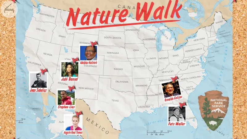 Map of the United States with photos of composers