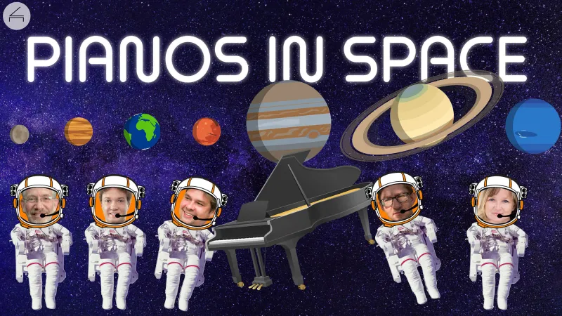 A Piano floating in space accompanied by astronauts and the planets of the solar system